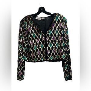 Vintage Lawrence Kazar Jacket Sequin Peacock Gold Metallic Puff Shoulder 80s PM